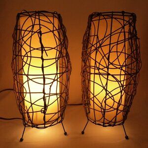 Vintage MCM Twisted Weaved Rattan Beehive Cylinder Table Lamps Lights Boho Tiki